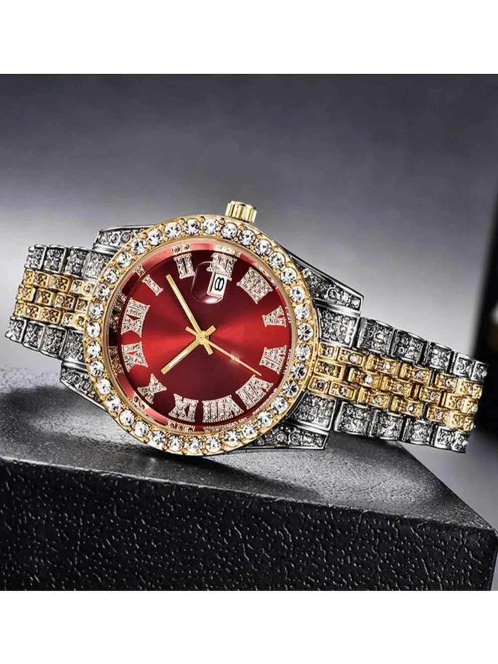 Men's Silver Red Analog Gold Crystal Rhinestone Diamond Iced-Out Bracelet Watch